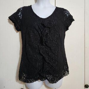 14/16 Lane Bryant Lace Top Ruffle Goth Poet Front V Neck Short Sleeve Blouse